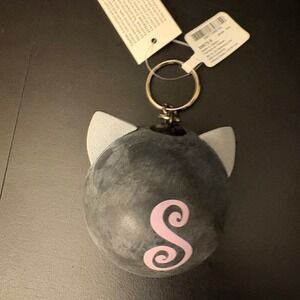 NWT Claire's Gray Cat Head Ball Keychain with Pink S Initial Charm